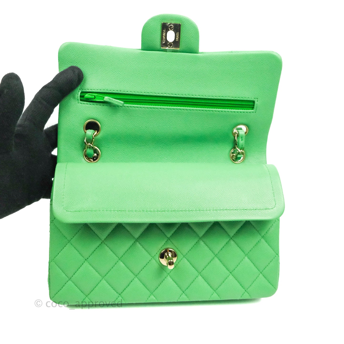 Chanel Small Classic Quilted Flap Green Caviar Gold Hardware