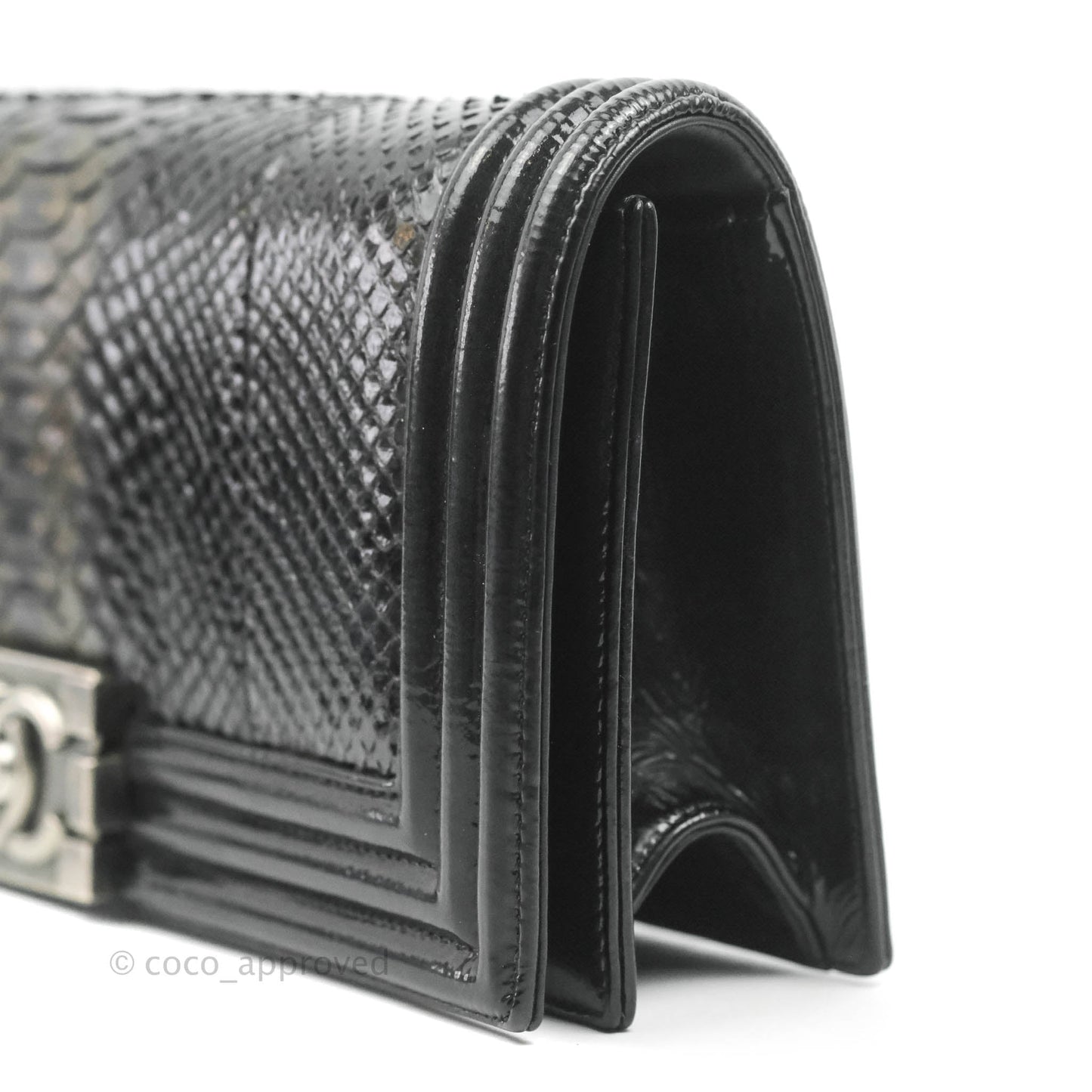 Chanel Boy Clutch Python Patent Black Ruthenium Hardware