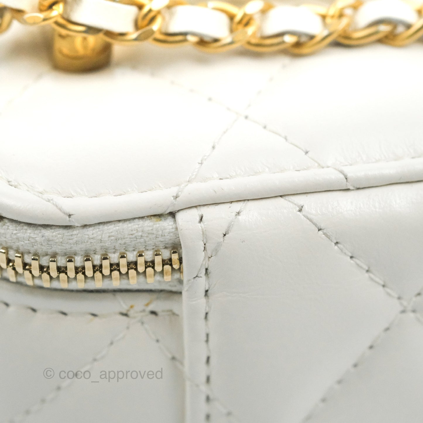 Chanel Quilted Mini Perfect Fit Vanity With Chain White Calfskin Aged Gold Hardware
