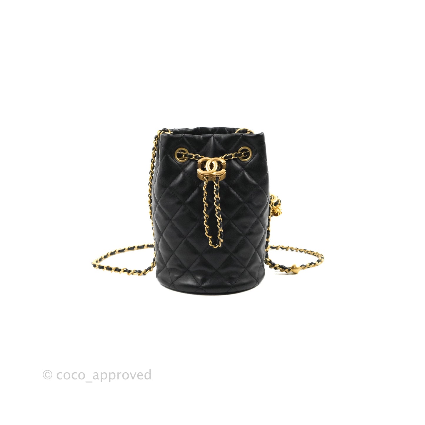 Chanel Pearl Crush Bucket Bag Black Lambskin Aged Gold Hardware 22S