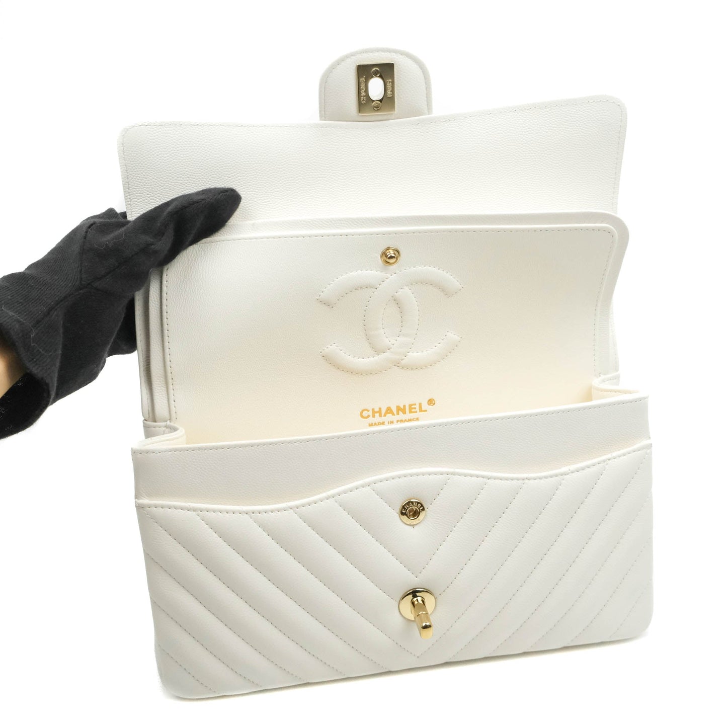 Chanel Chevron M/L Medium Double Flap White Caviar Gold Hardware