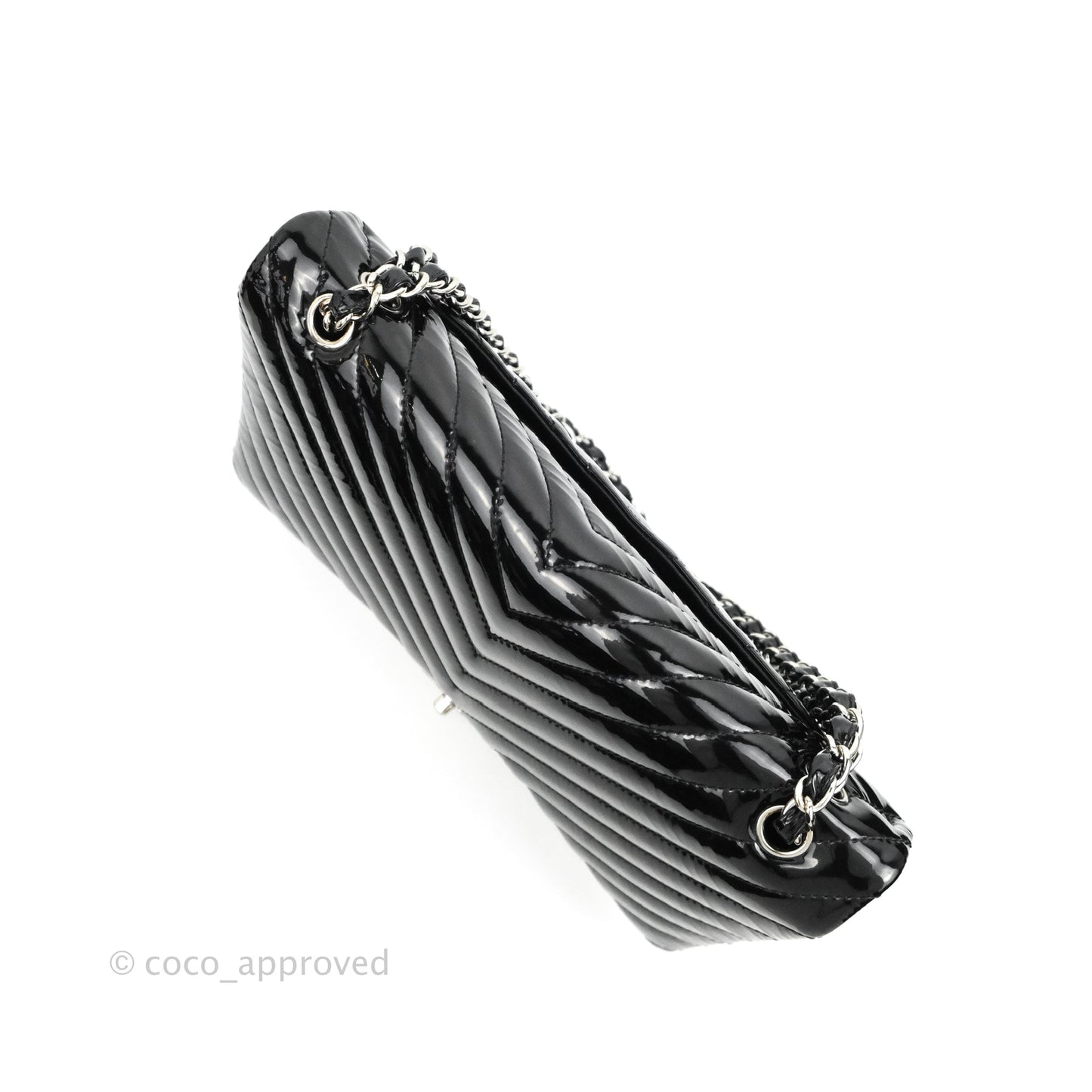 Chanel Single Flap Maxi Chevron Black Patent Silver Hardware