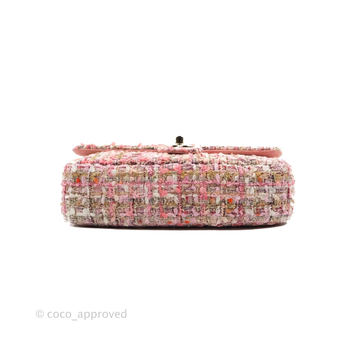 Chanel Medium Pink Tweed Flap Bag With Large Pearl Handle Gold Hardware