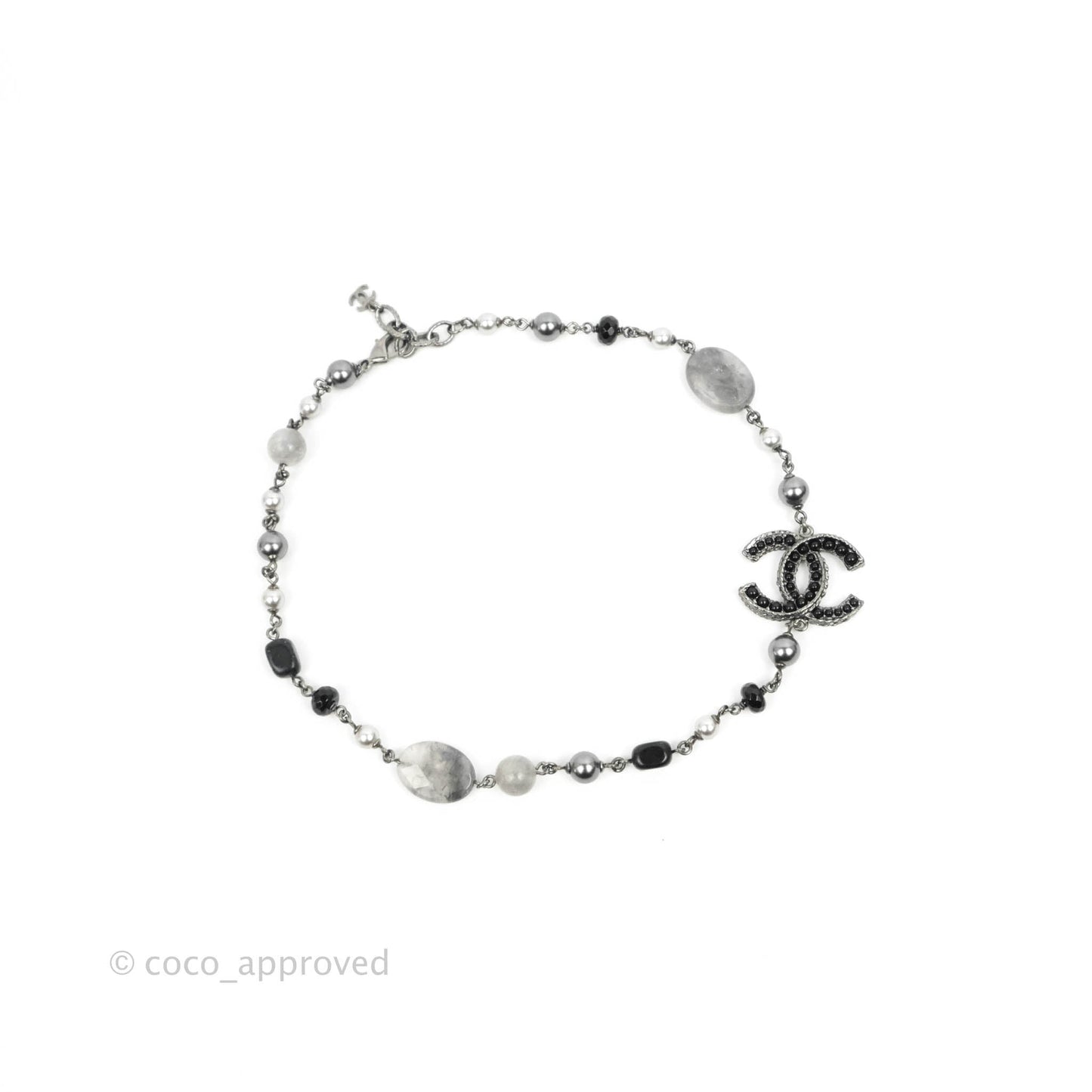 Chanel Pearl CC Necklace Silver Tone 14B