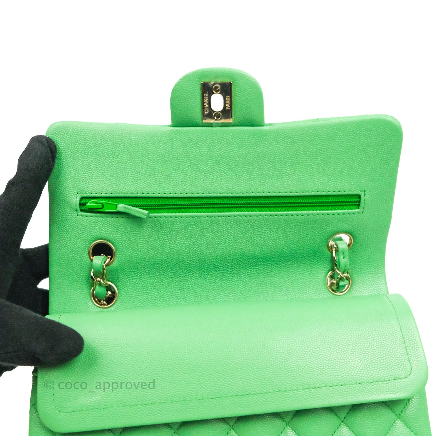 Chanel Small Classic Quilted Flap Green Caviar Gold Hardware