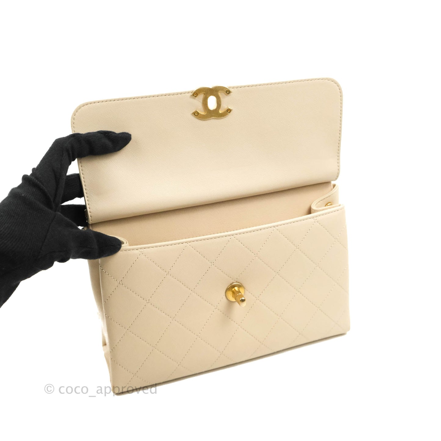 Chanel Small Flat Quilted Coco Luxe Flap Bag Light Beige Aged Gold Hardware