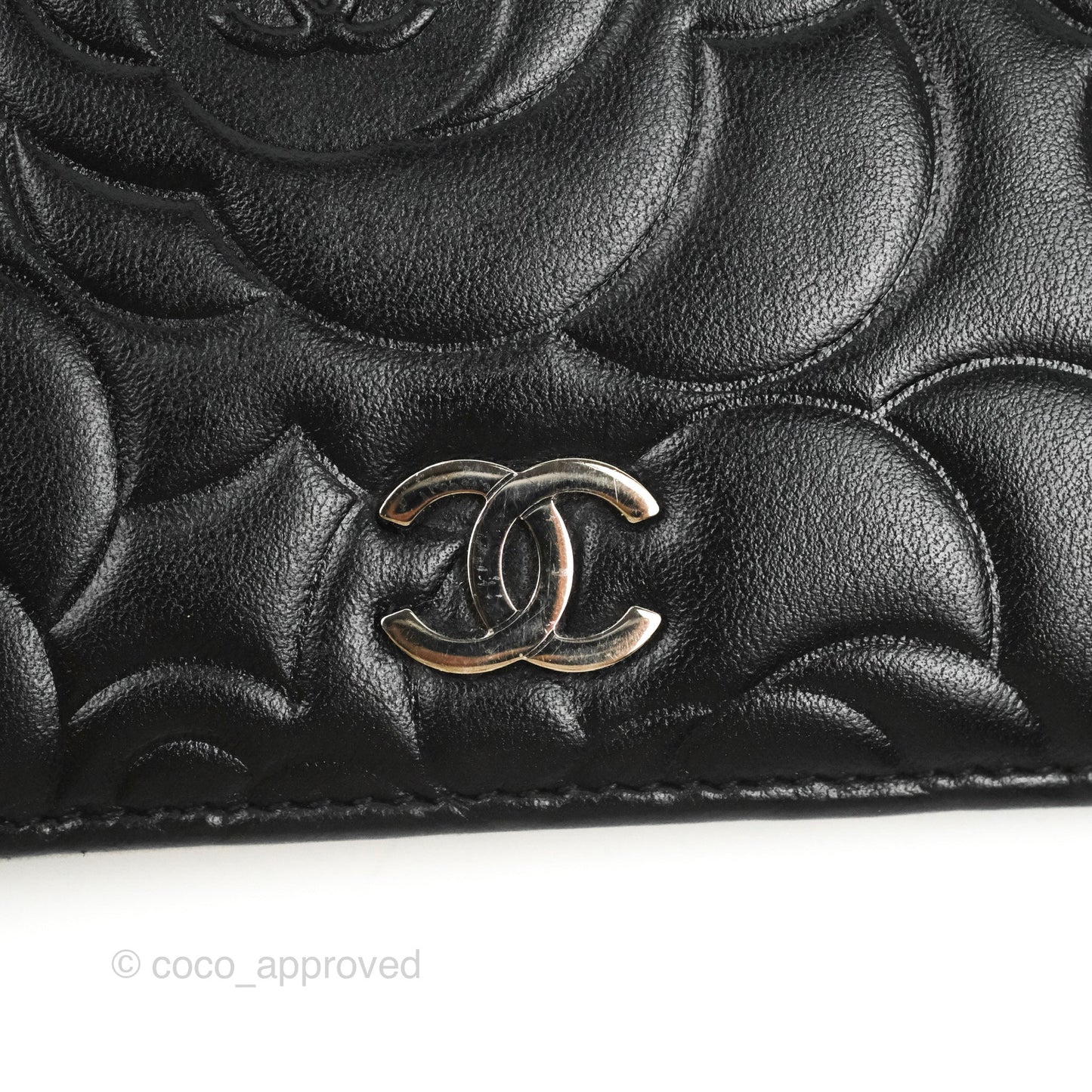 Chanel Yen Camellia Embossed Wallet Black Lambskin Silver Hardware