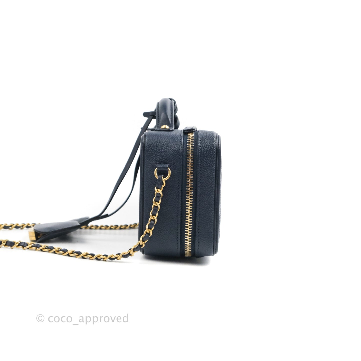 Chanel Quilted Small CC Filigree Vanity Case Navy Caviar Gold Hardware