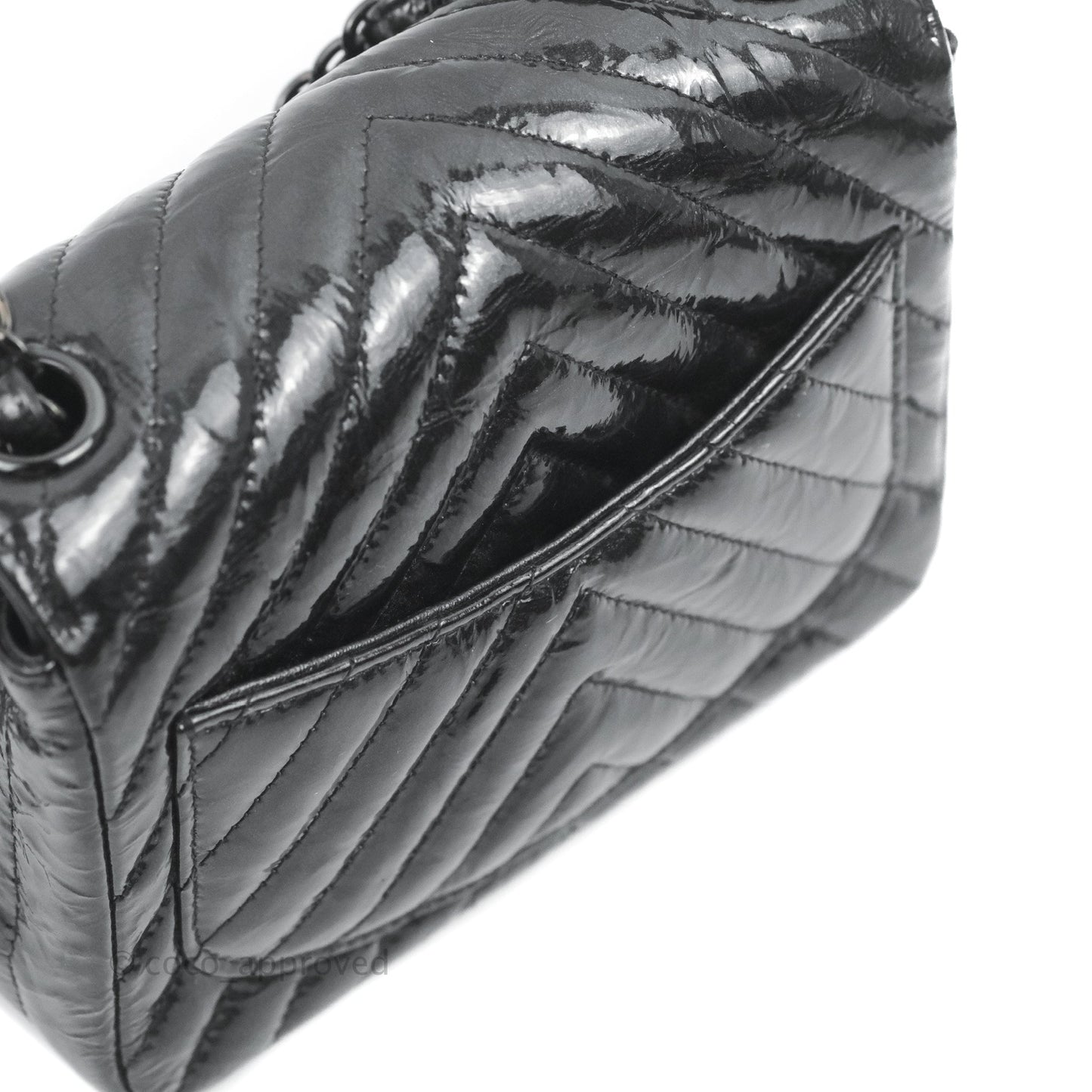Chanel Mini Square Chevron Flap Black Crumpled Metallic Patent So Black