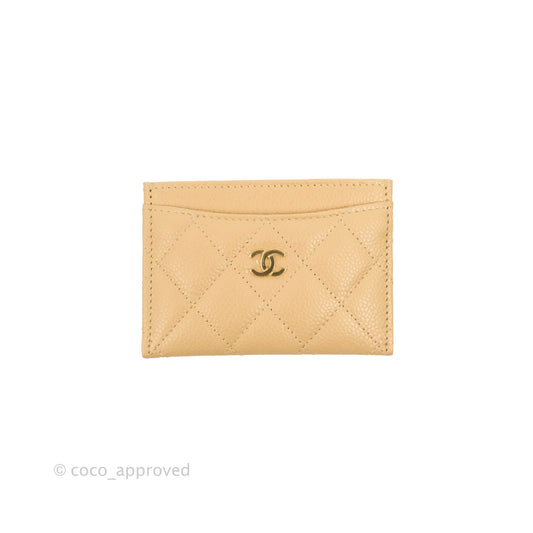 Chanel Classic Flat Card Holder Beige Caviar Gold Hardware