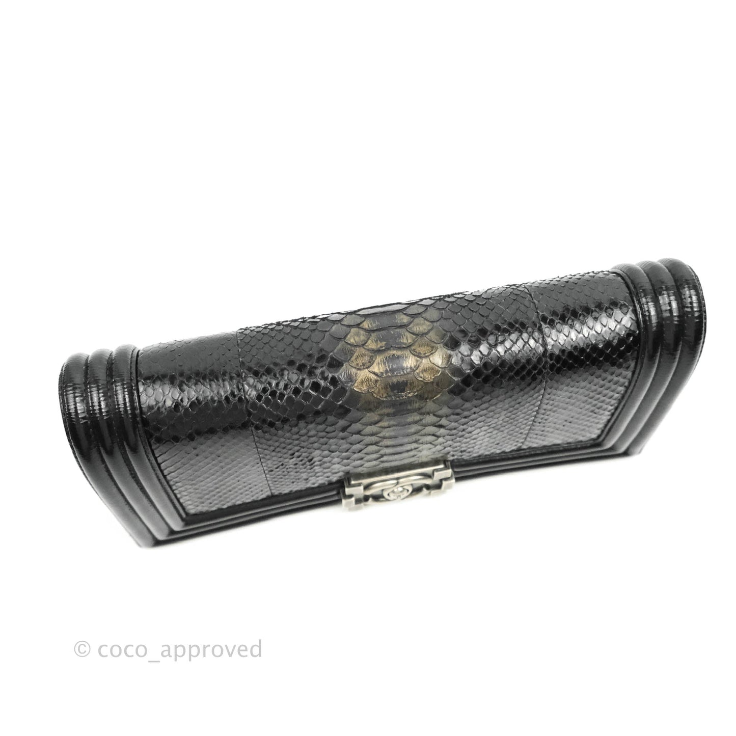 Chanel Boy Clutch Python Patent Black Ruthenium Hardware