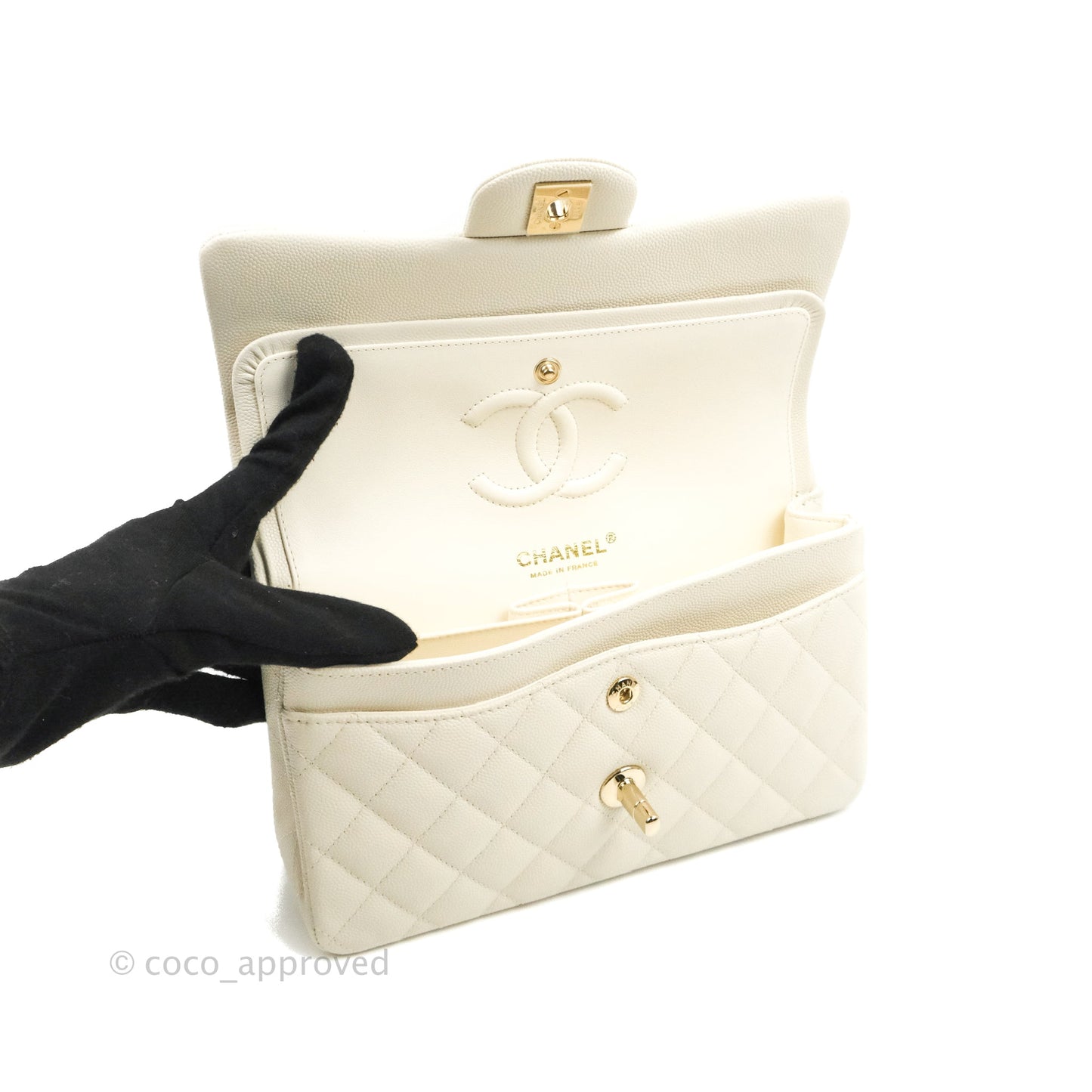 Chanel Classic Small S/M Quilted Flap White Caviar Gold Hardware 22C