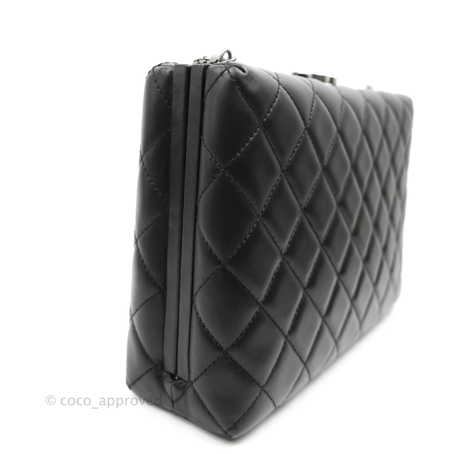 Chanel Quilted CC Kisslock Box With Chain Black Lambskin Ruthenium Hardware