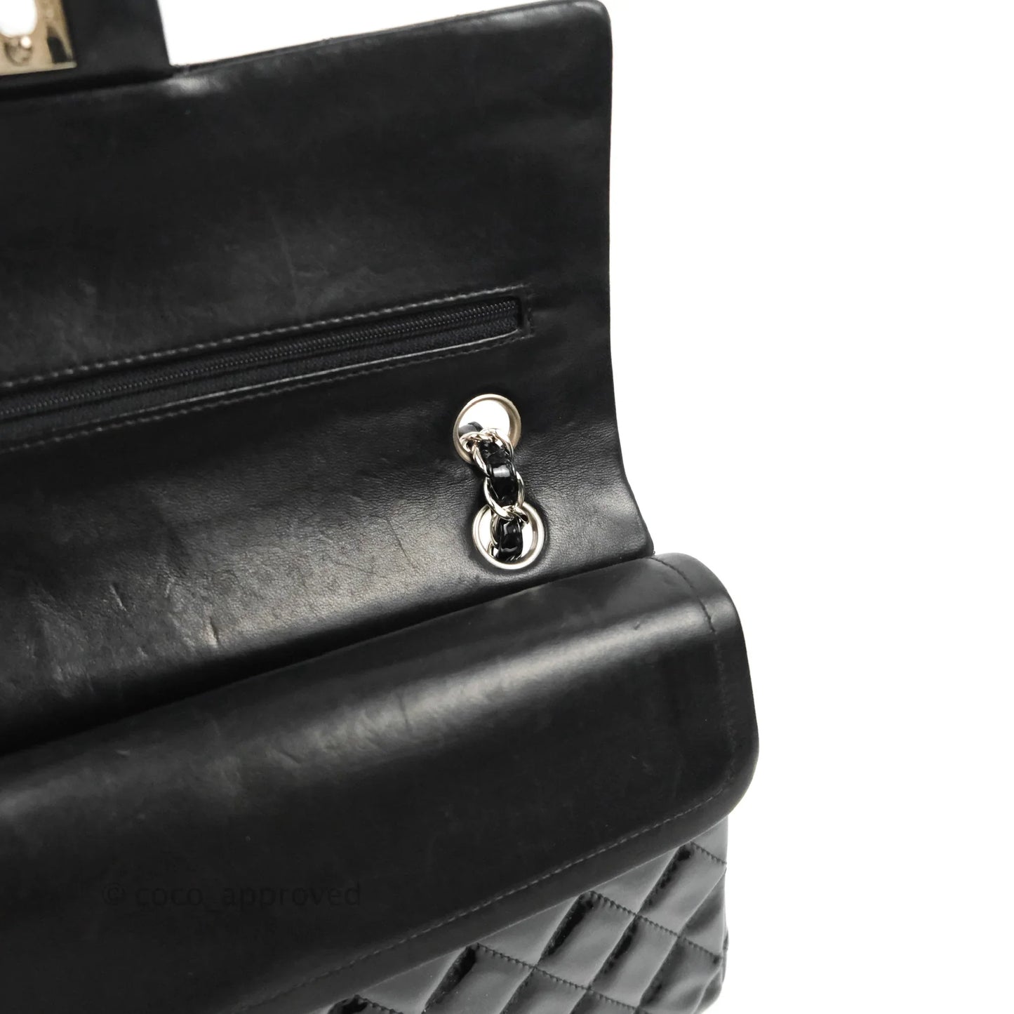 Chanel Classic Quilted M/L Medium Double Flap Black Patent Silver Hardware