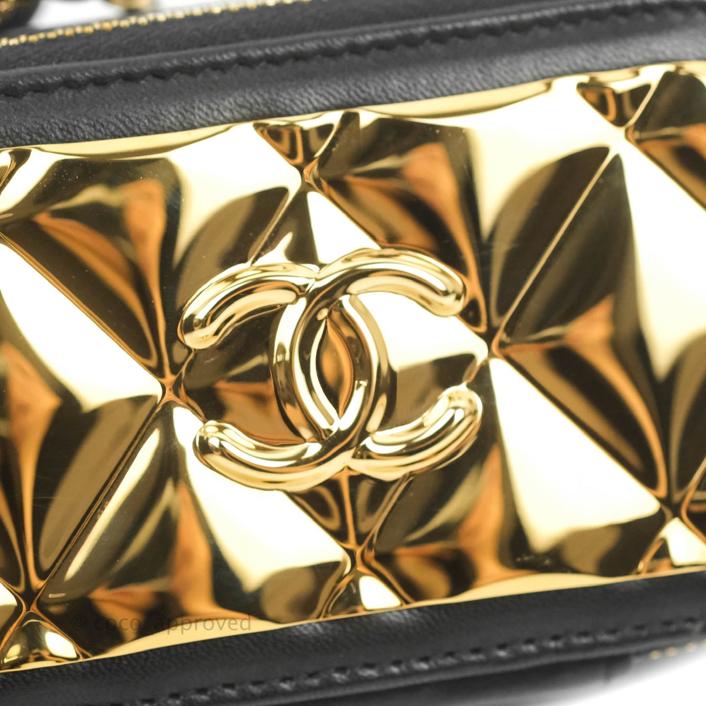 Chanel Metal Quilted Extra Mini Vanity Case With Chain Black Gold Lambskin