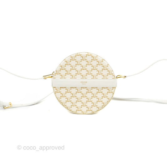 Celine Round Purse on Strap Triomphe Canvas White Calfskin