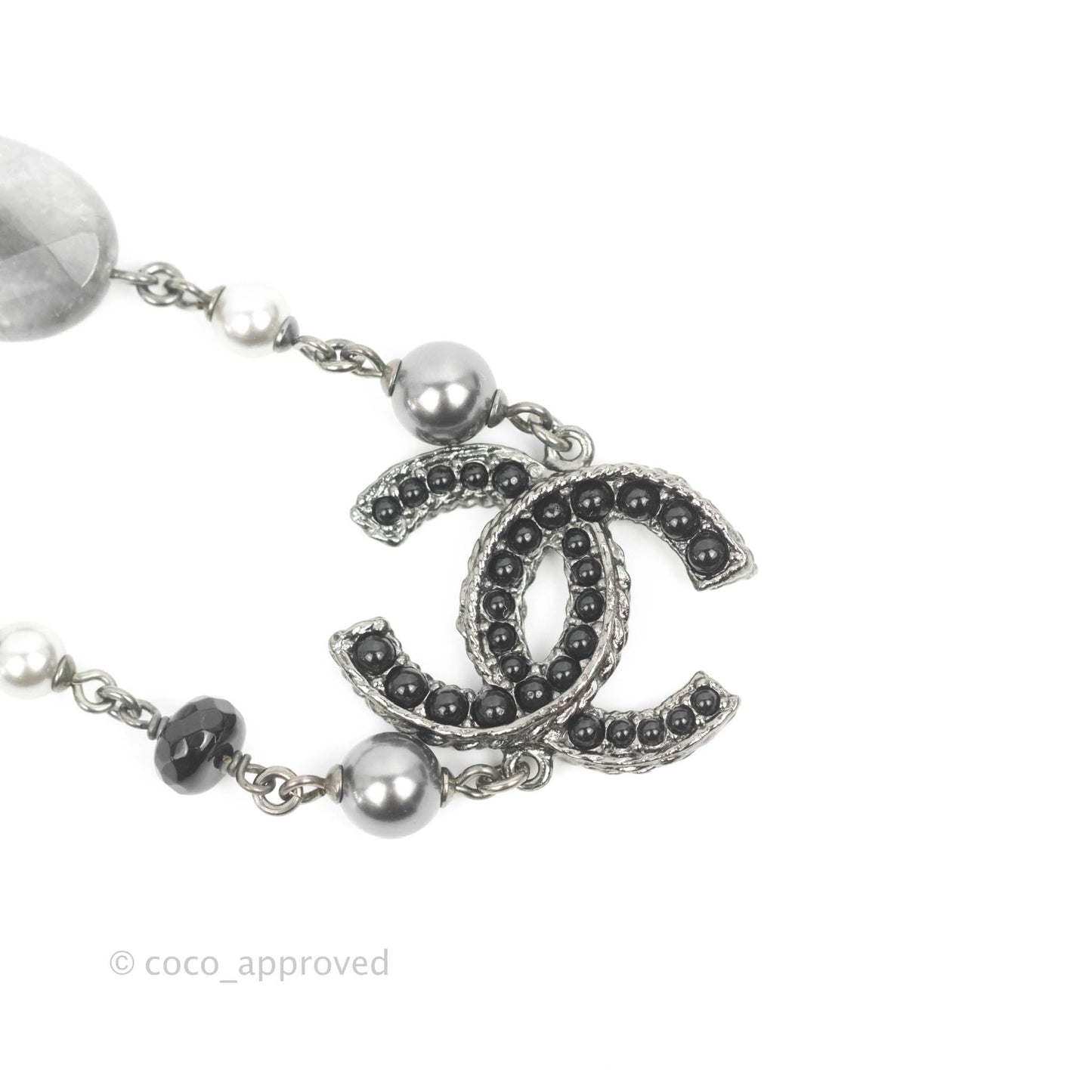 Chanel Pearl CC Necklace Silver Tone 14B
