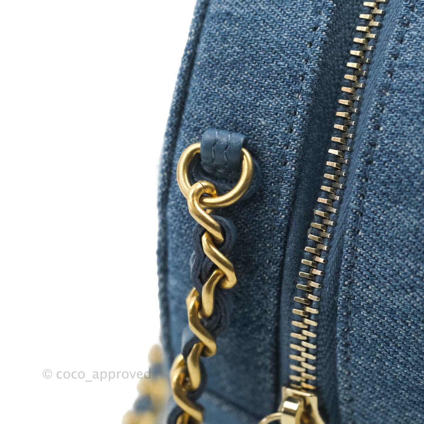 Chanel Quilted Pearl Crush Round Clutch With Chain Denim Aged Gold Hardware