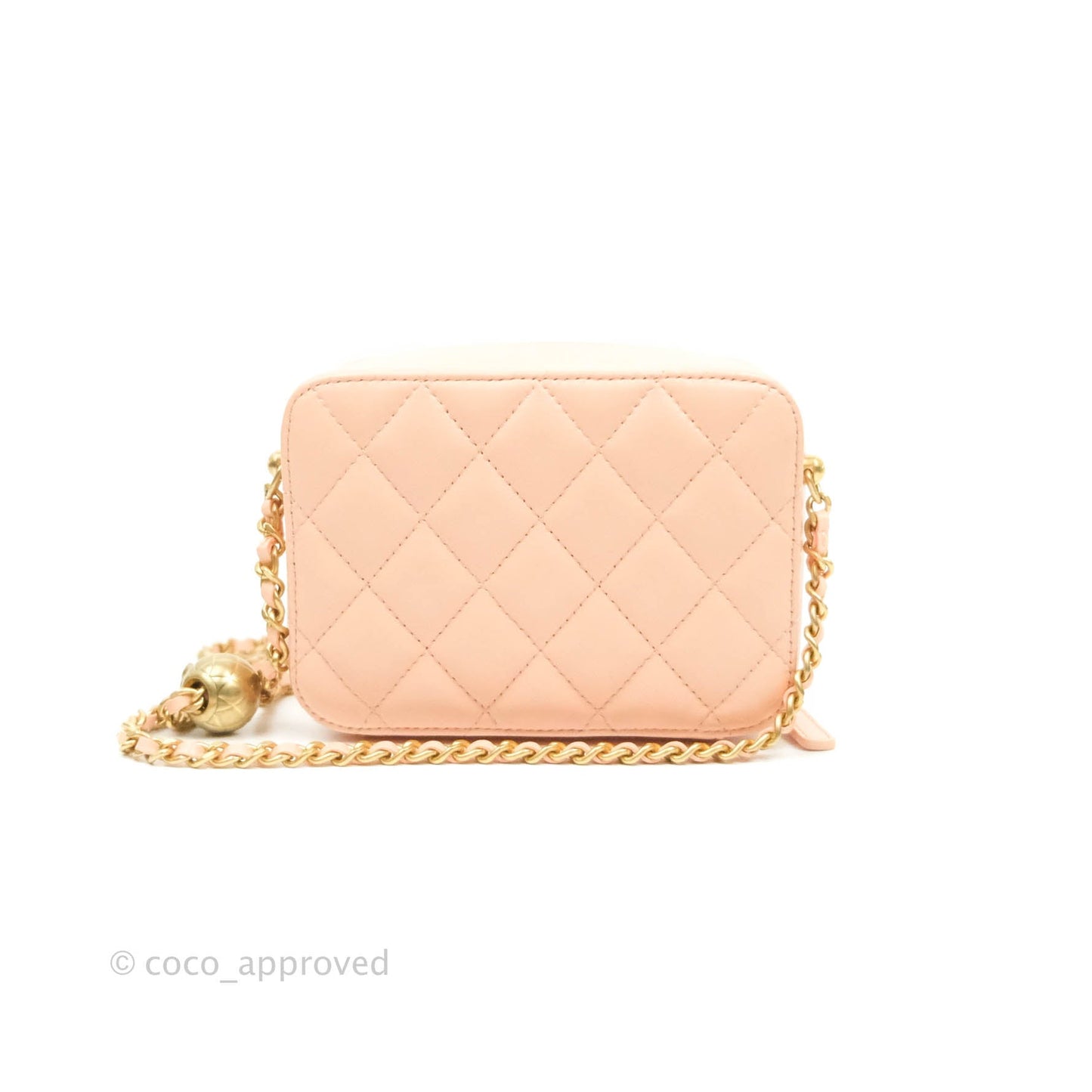 Chanel Mini Pearl Crush Quilted Camera Case Beige Pink Lambskin Aged Gold Hardware