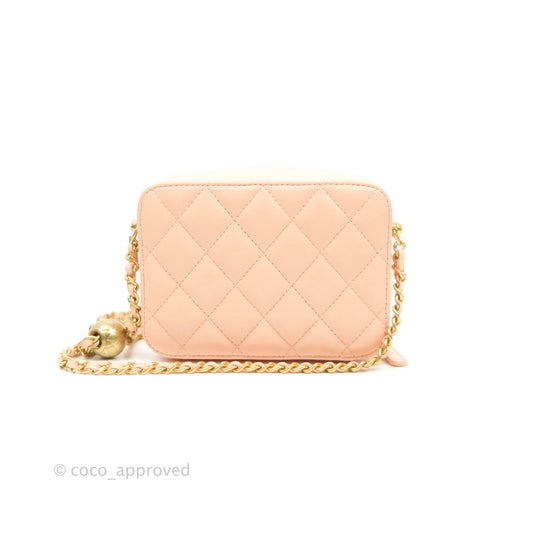 Chanel Mini Pearl Crush Quilted Camera Case Beige Pink Lambskin Aged Gold Hardware