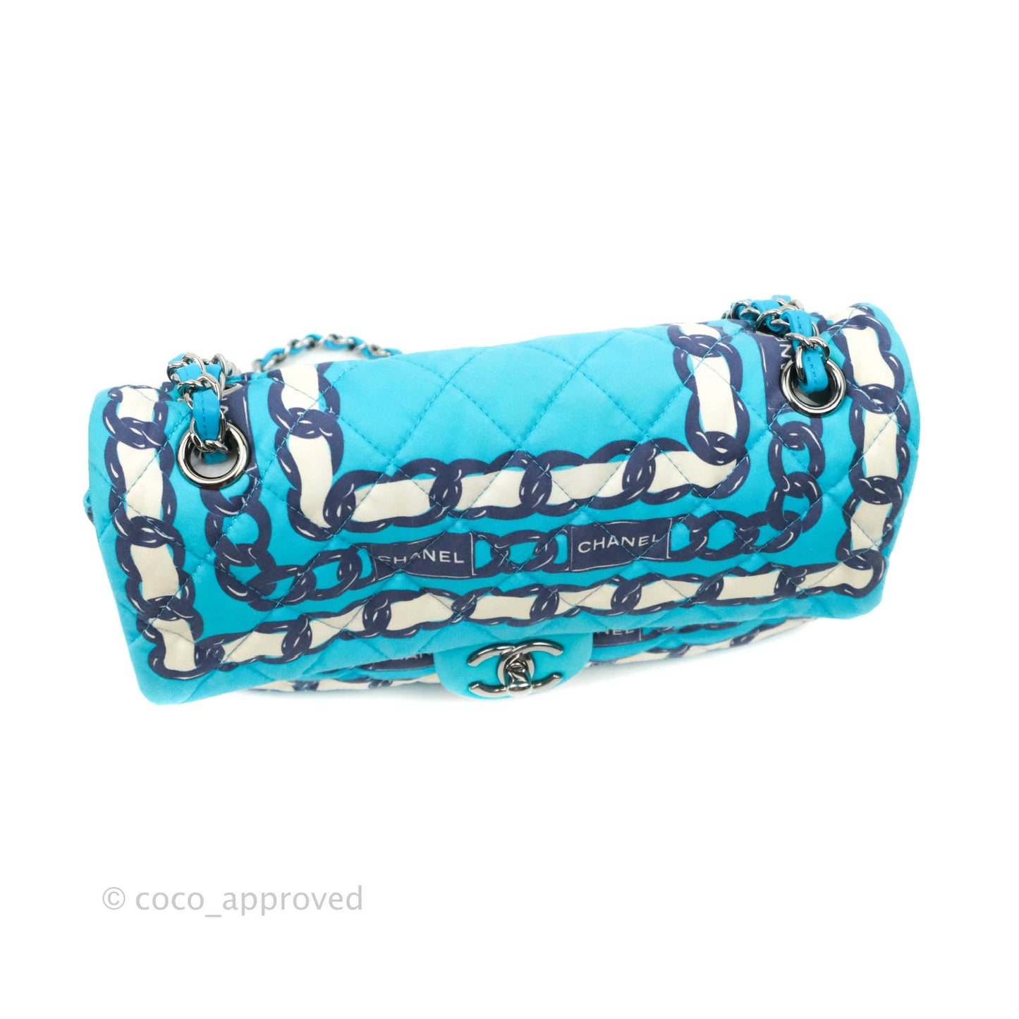 Chanel Medium Single Flap Chain Printed in Blue Silk Gun Metal