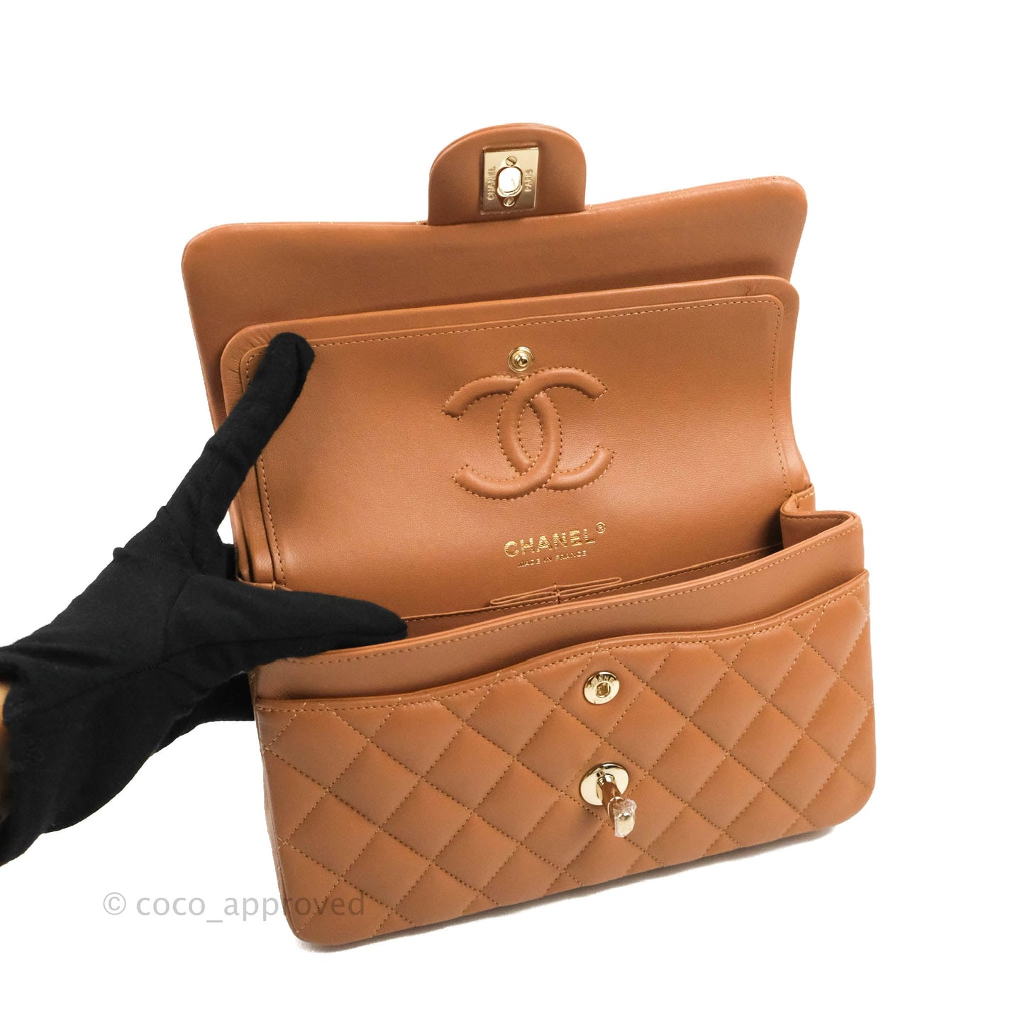 Chanel Small Classic Quilted Flap Dark Beige Caramel Lambskin Gold Hardware 22S