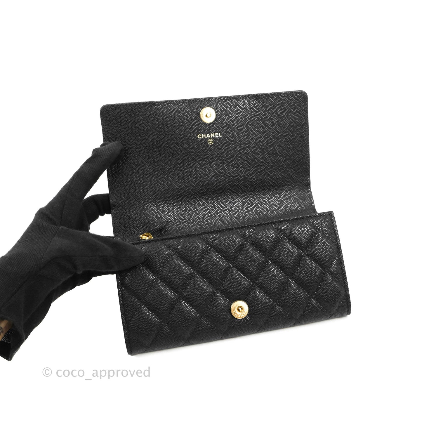 Chanel Quilted Pocket Long Wallet On Chain Black Caviar Gold Hardware 22A
