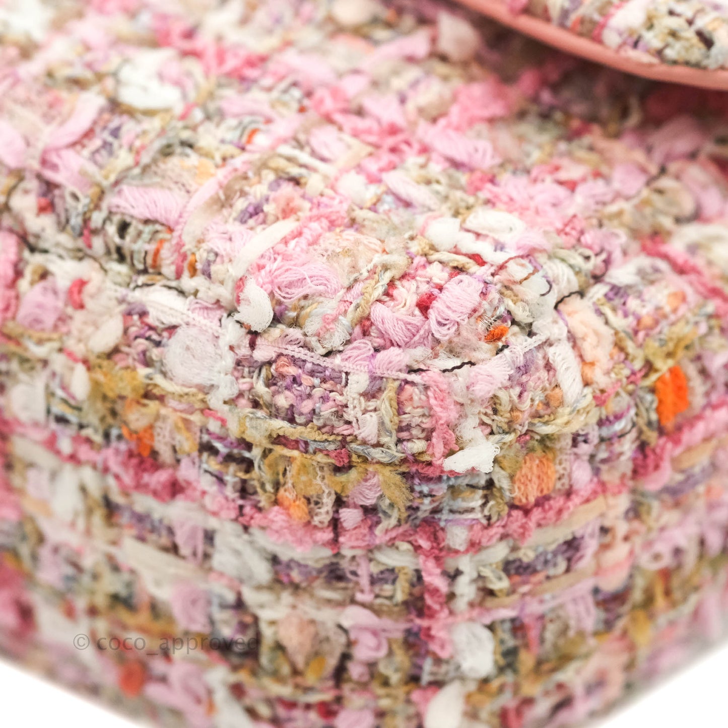 Chanel Medium Pink Tweed Flap Bag With Large Pearl Handle Gold Hardware