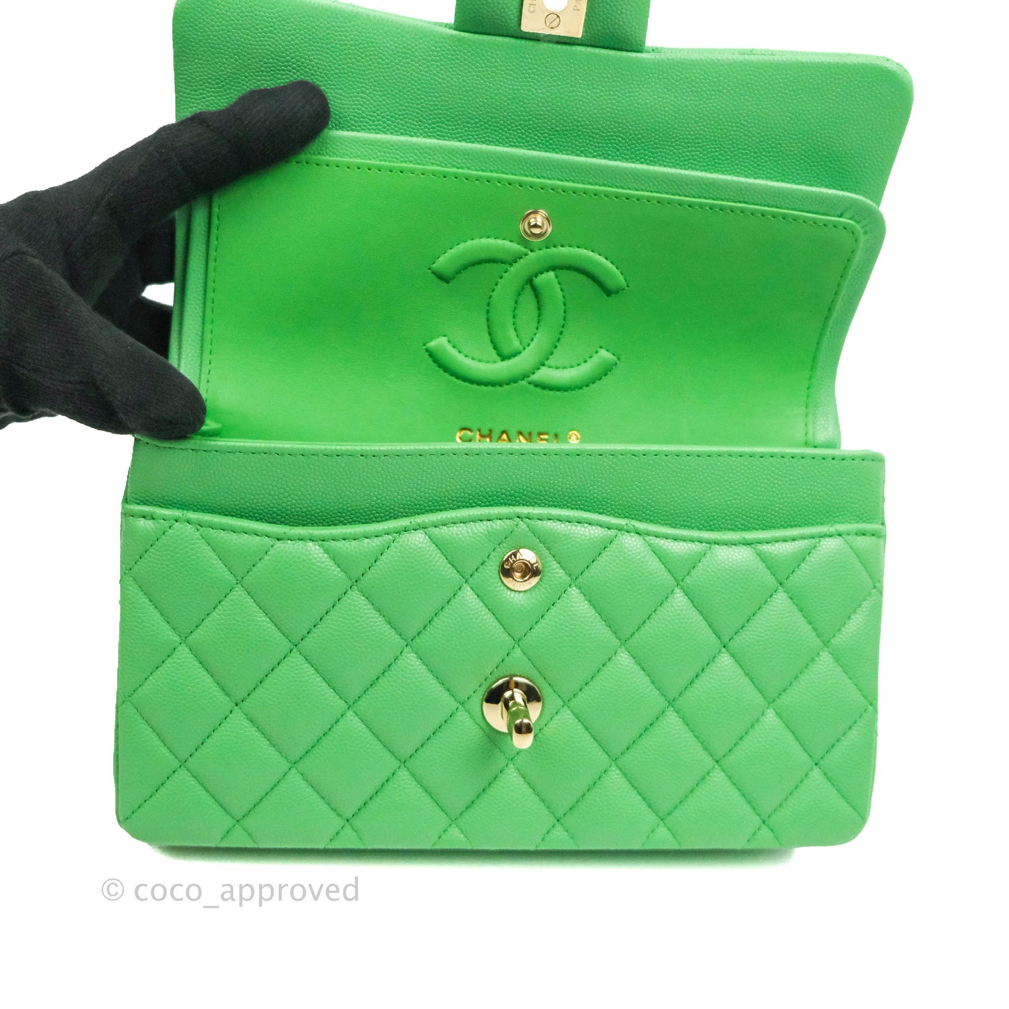 Chanel Small Classic Quilted Flap Green Caviar Gold Hardware