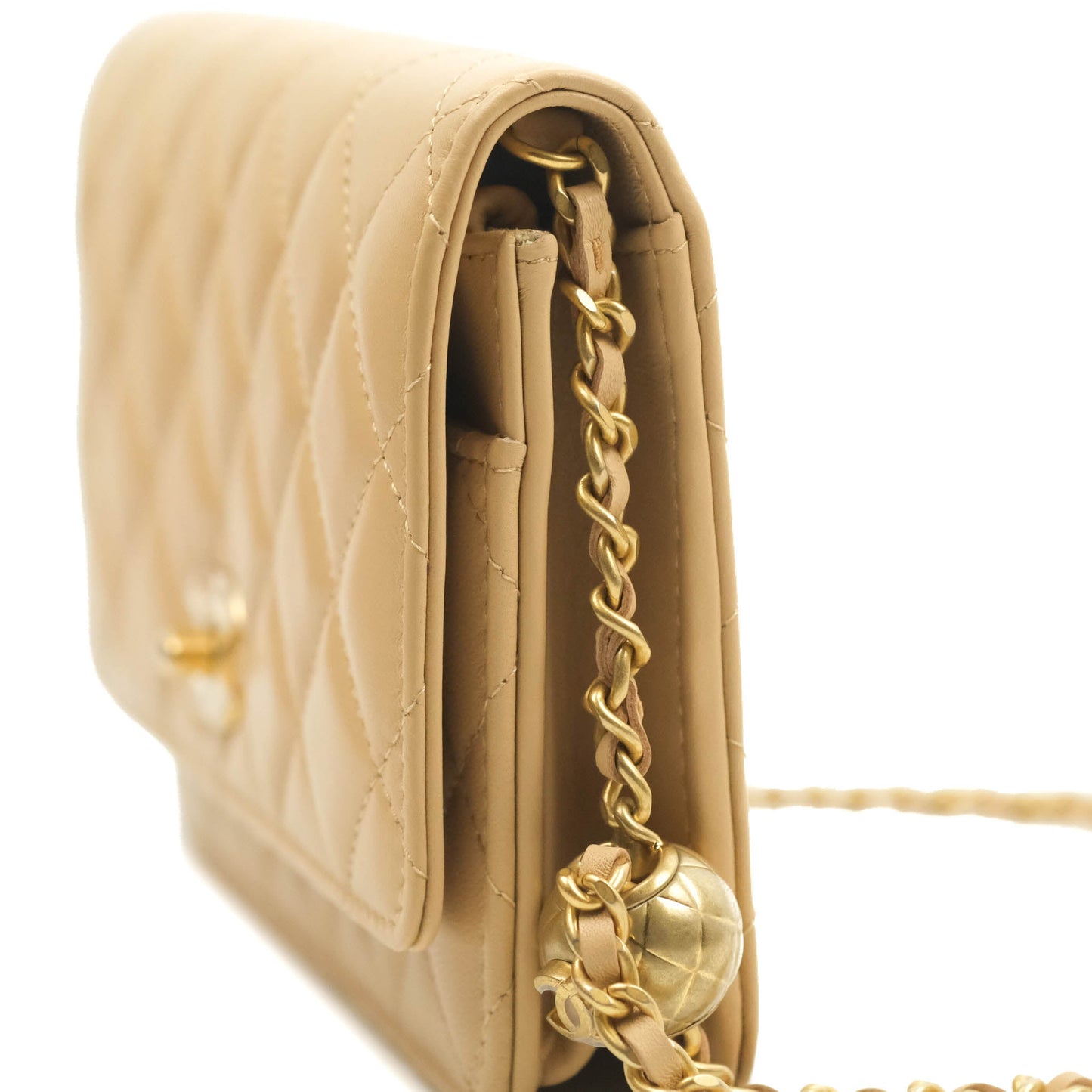 Chanel Quilted Pearl Crush Wallet on Chain WOC Beige Lambskin Aged Gold Hardware