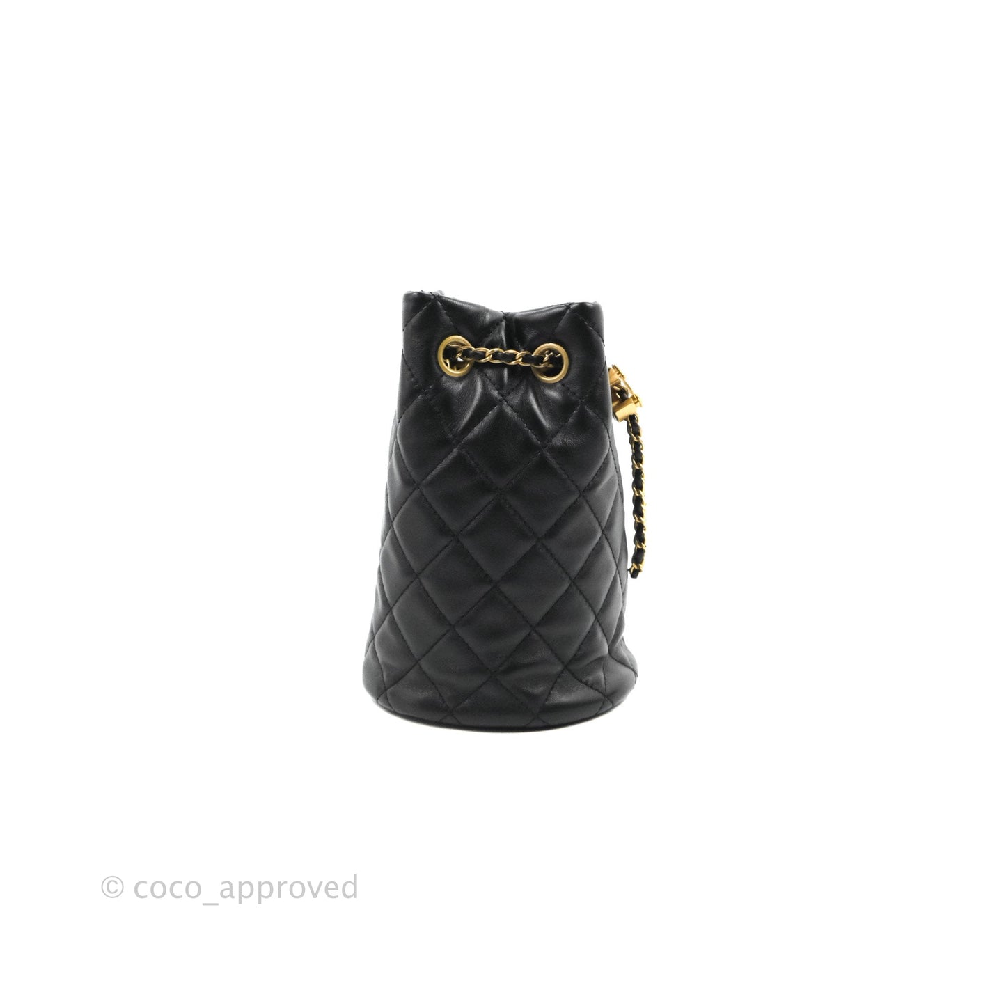 Chanel Pearl Crush Bucket Bag Black Lambskin Aged Gold Hardware 22S