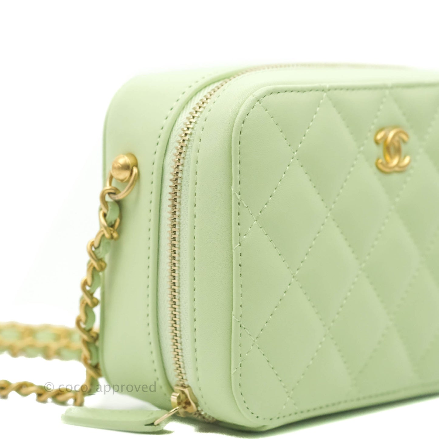 Chanel Mini Pearl Crush Quilted Camera Case Pastel Green Lambskin Aged Gold Hardware