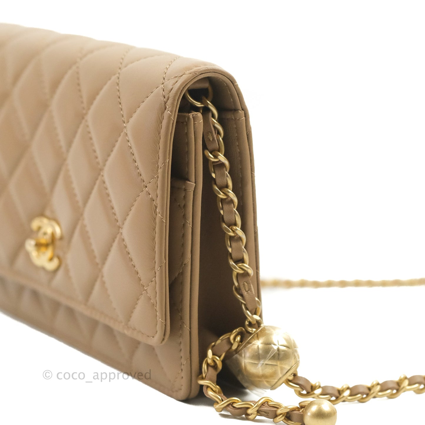 Chanel Quilted Pearl Crush Wallet on Chain WOC Beige Lambskin Aged Gold Hardware