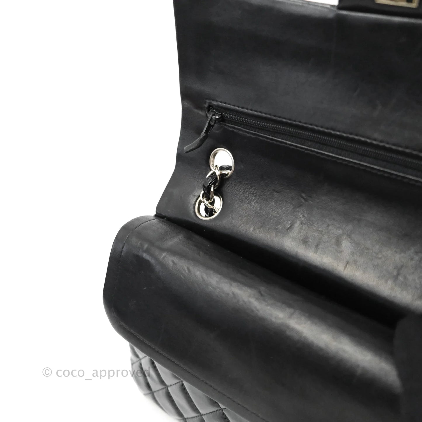 Chanel Classic Quilted M/L Medium Double Flap Black Patent Silver Hardware