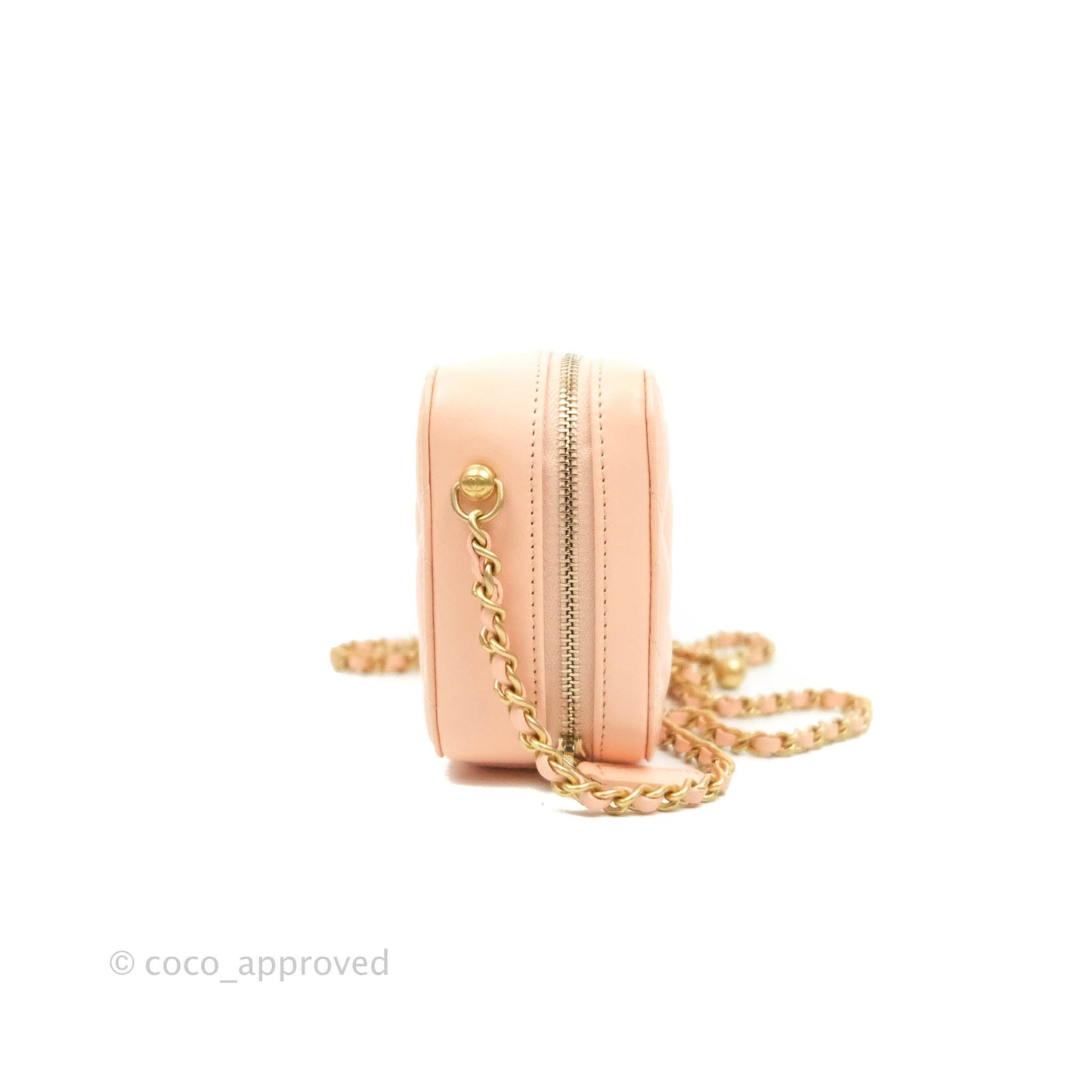 Chanel Mini Pearl Crush Quilted Camera Case Beige Pink Lambskin Aged Gold Hardware