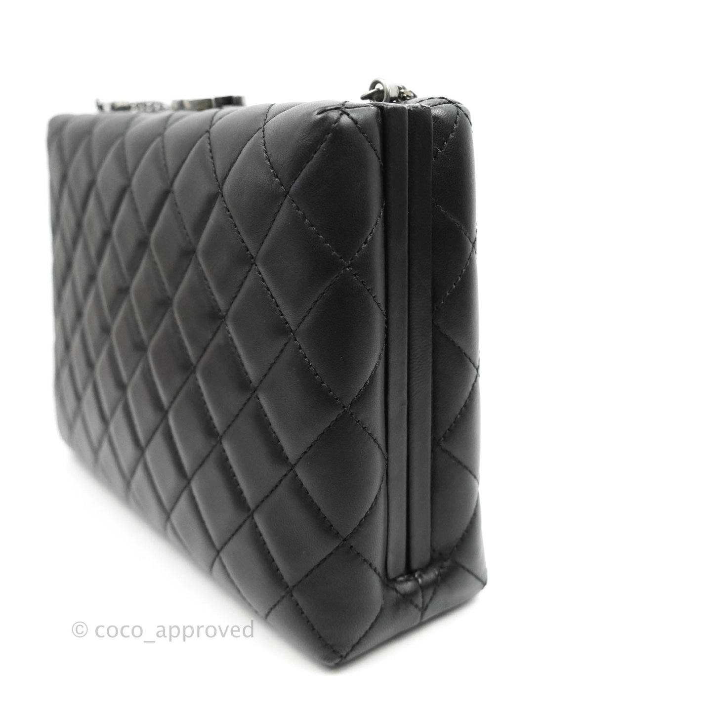Chanel Quilted CC Kisslock Box With Chain Black Lambskin Ruthenium Hardware
