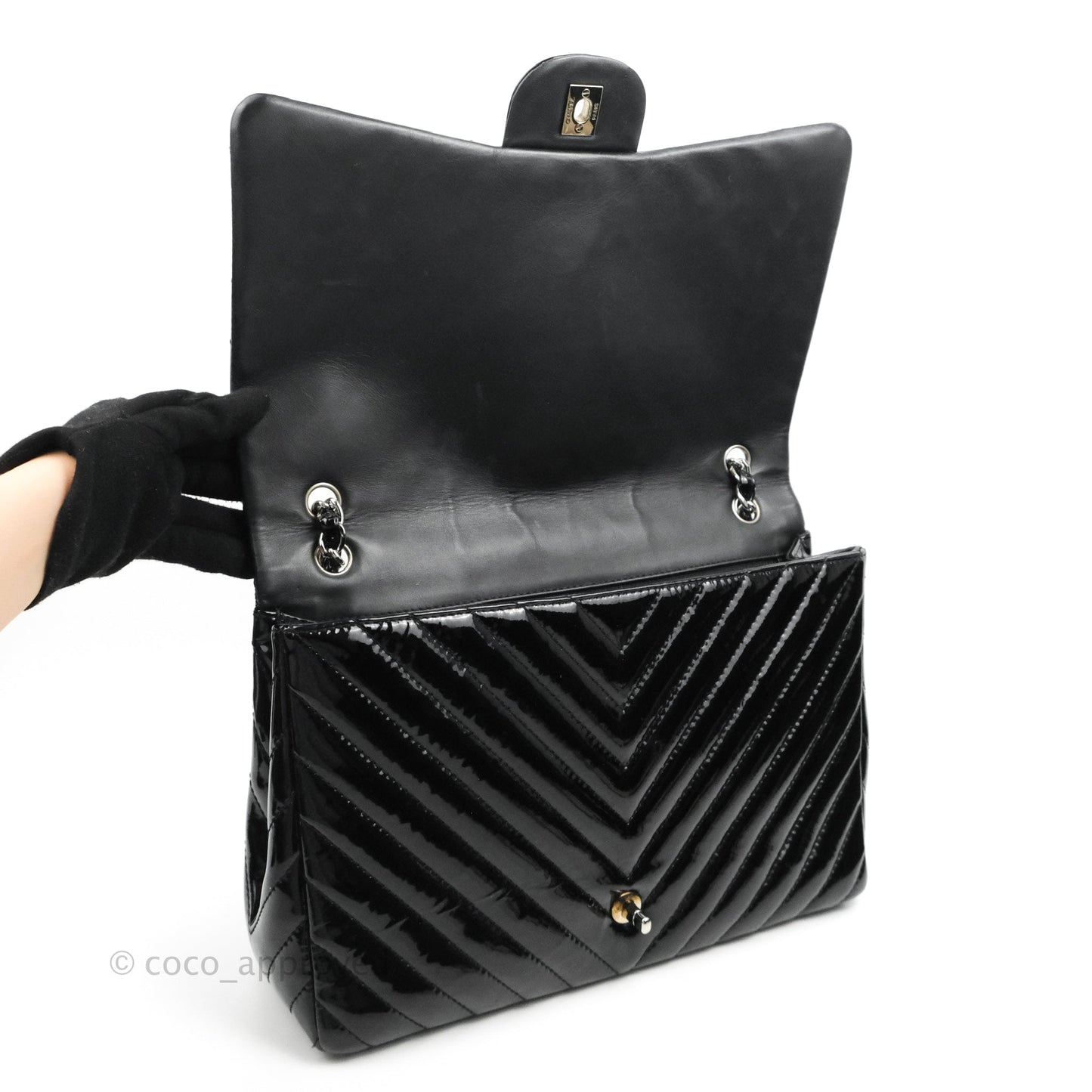 Chanel Single Flap Maxi Chevron Black Patent Silver Hardware