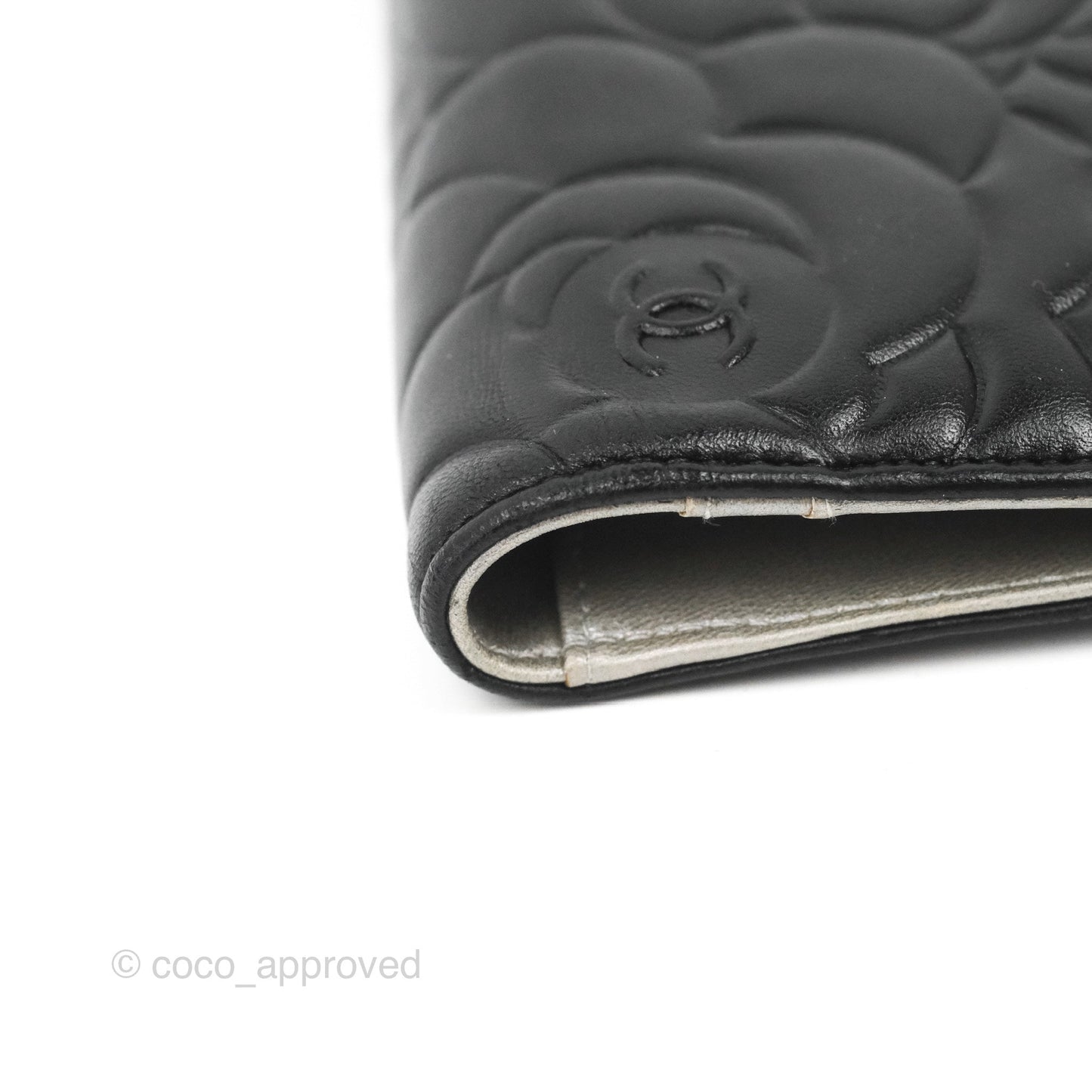 Chanel Yen Camellia Embossed Wallet Black Lambskin Silver Hardware