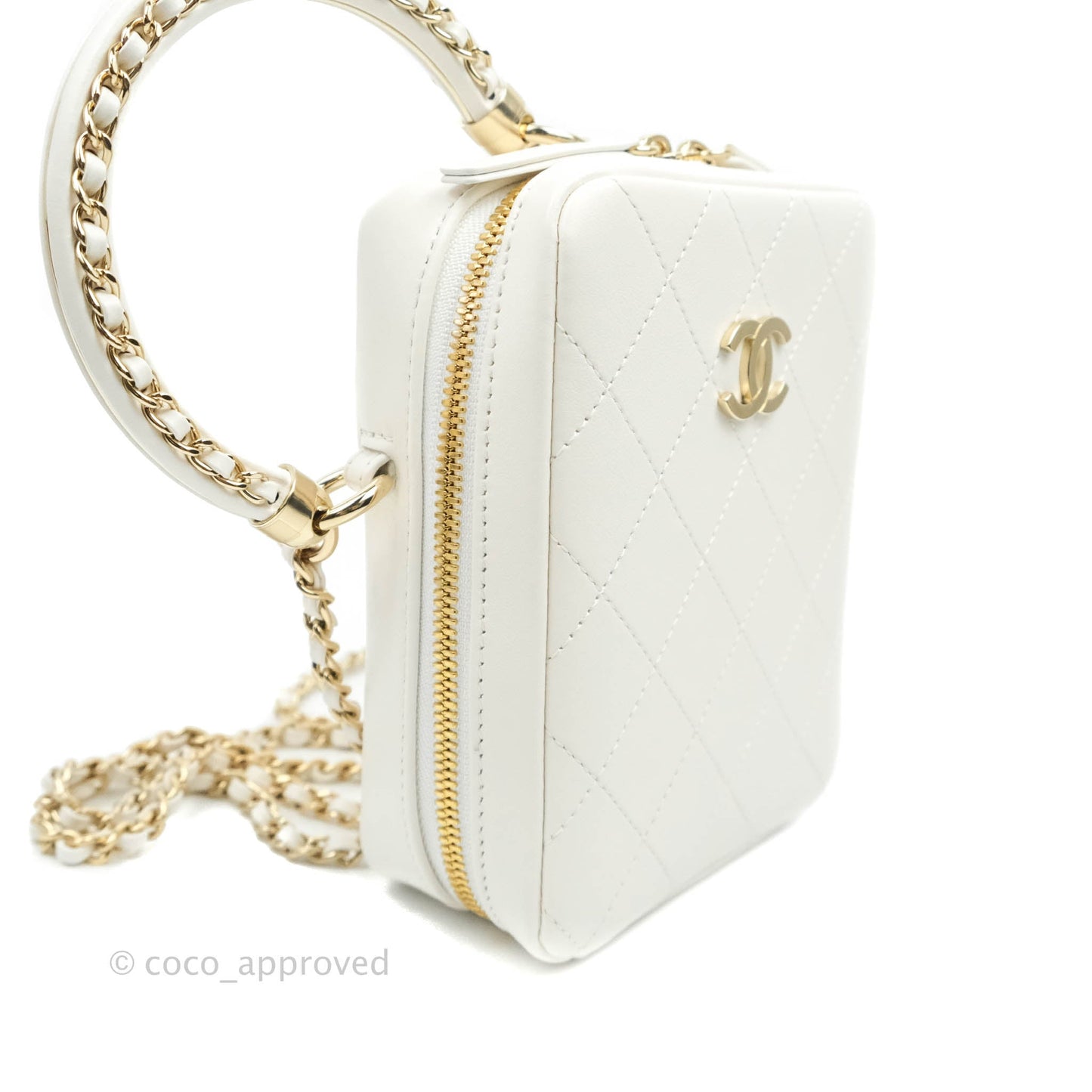 Chanel Circular Handle Zip Around Vanity Case White Calfskin Gold Hardware 20S