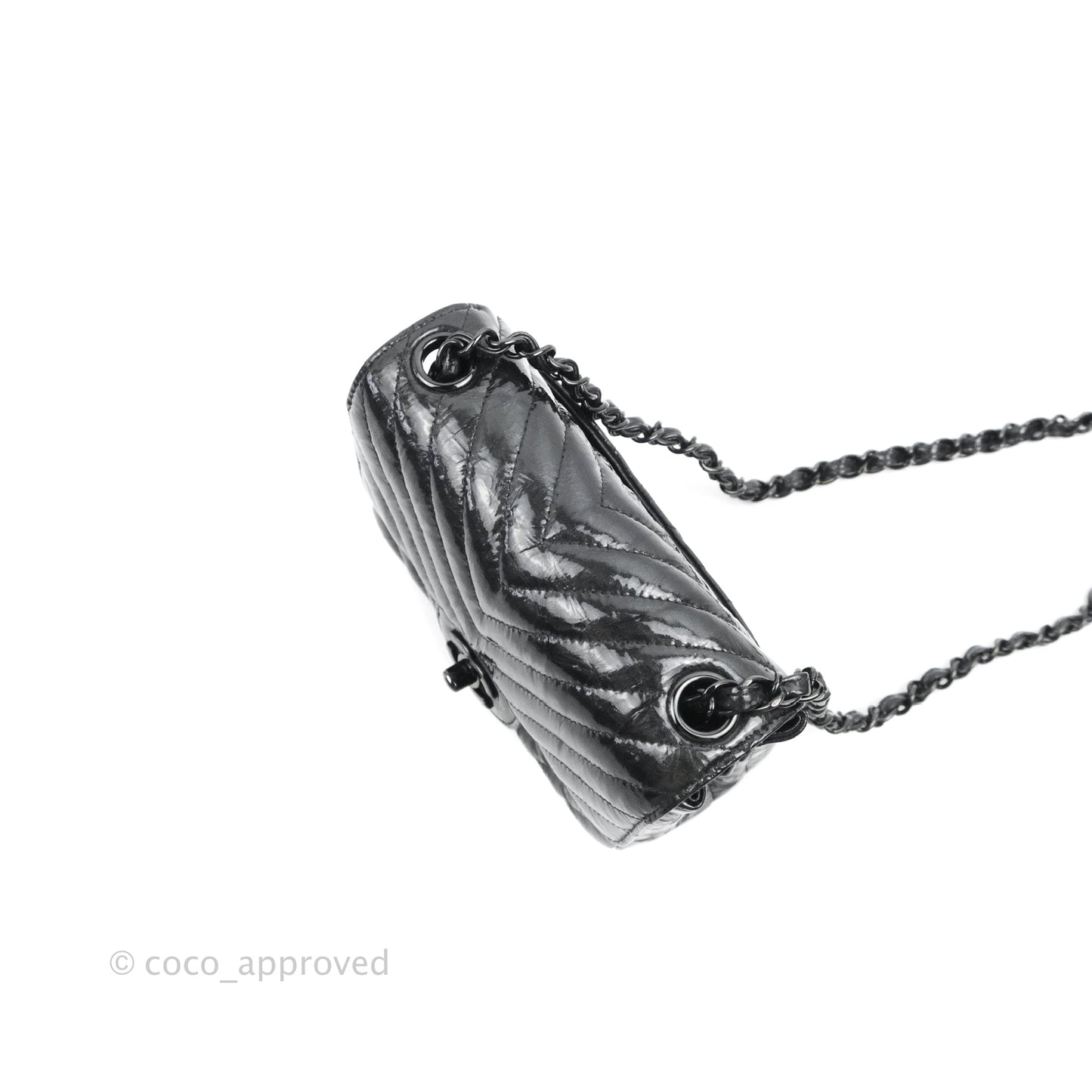 Chanel Mini Square Chevron Flap Black Crumpled Metallic Patent So Black
