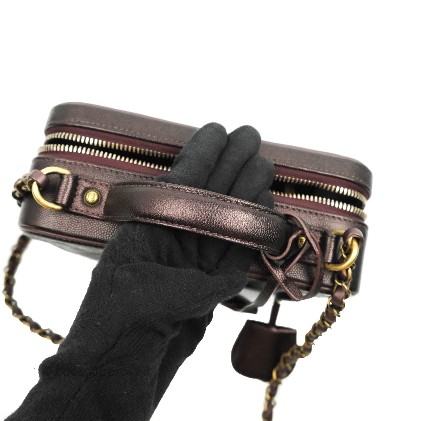 Chanel Quilted Medium CC Filigree Vanity Case Iridescent Burgundy Caviar Gold Hardware