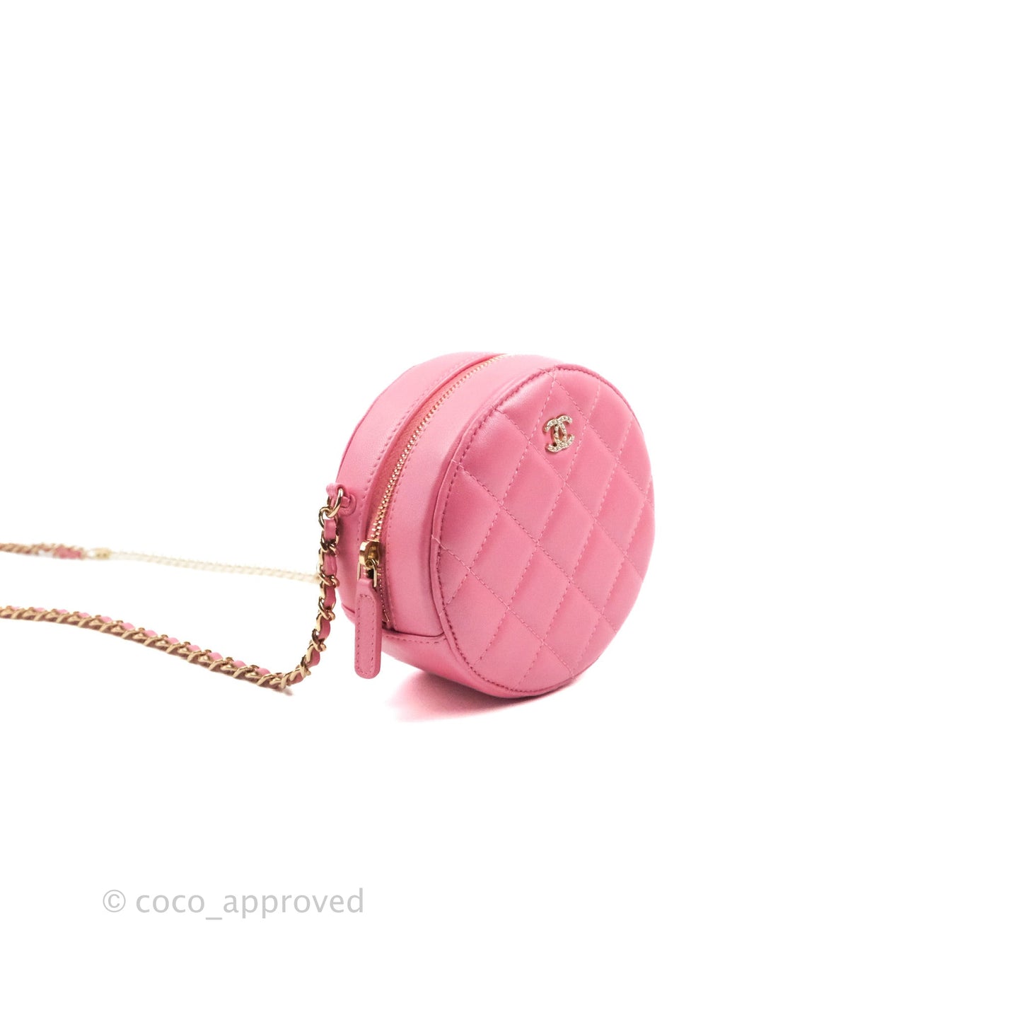Chanel Quilted Round Clutch With Pearl Chain Iridescent Pink Lambskin Gold Hardware