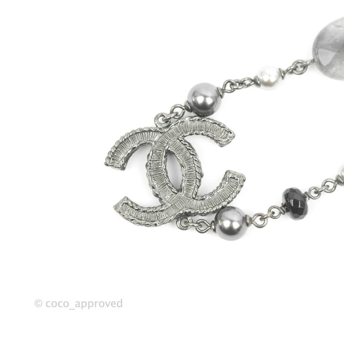 Chanel Pearl CC Necklace Silver Tone 14B
