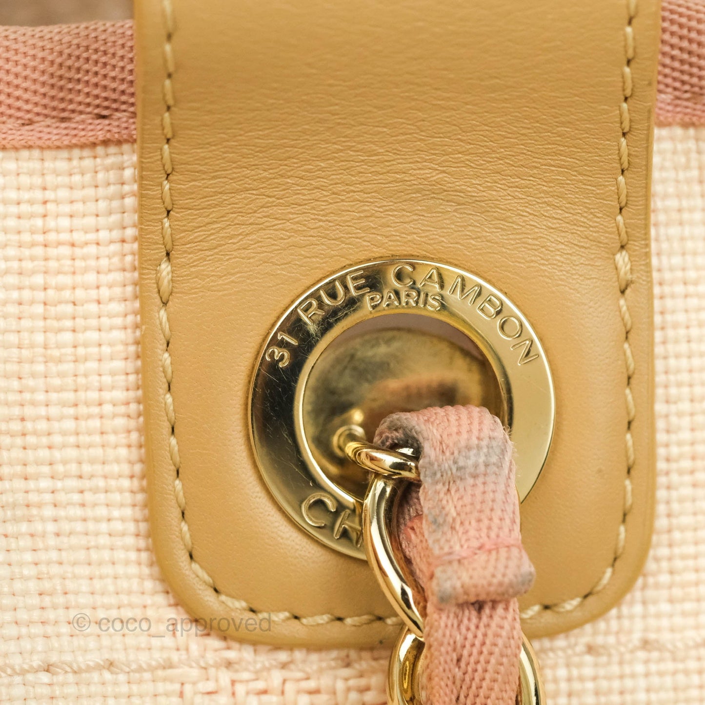 Chanel Large Deauville Pink Stripe Canvas Beige Handle Gold Hardware