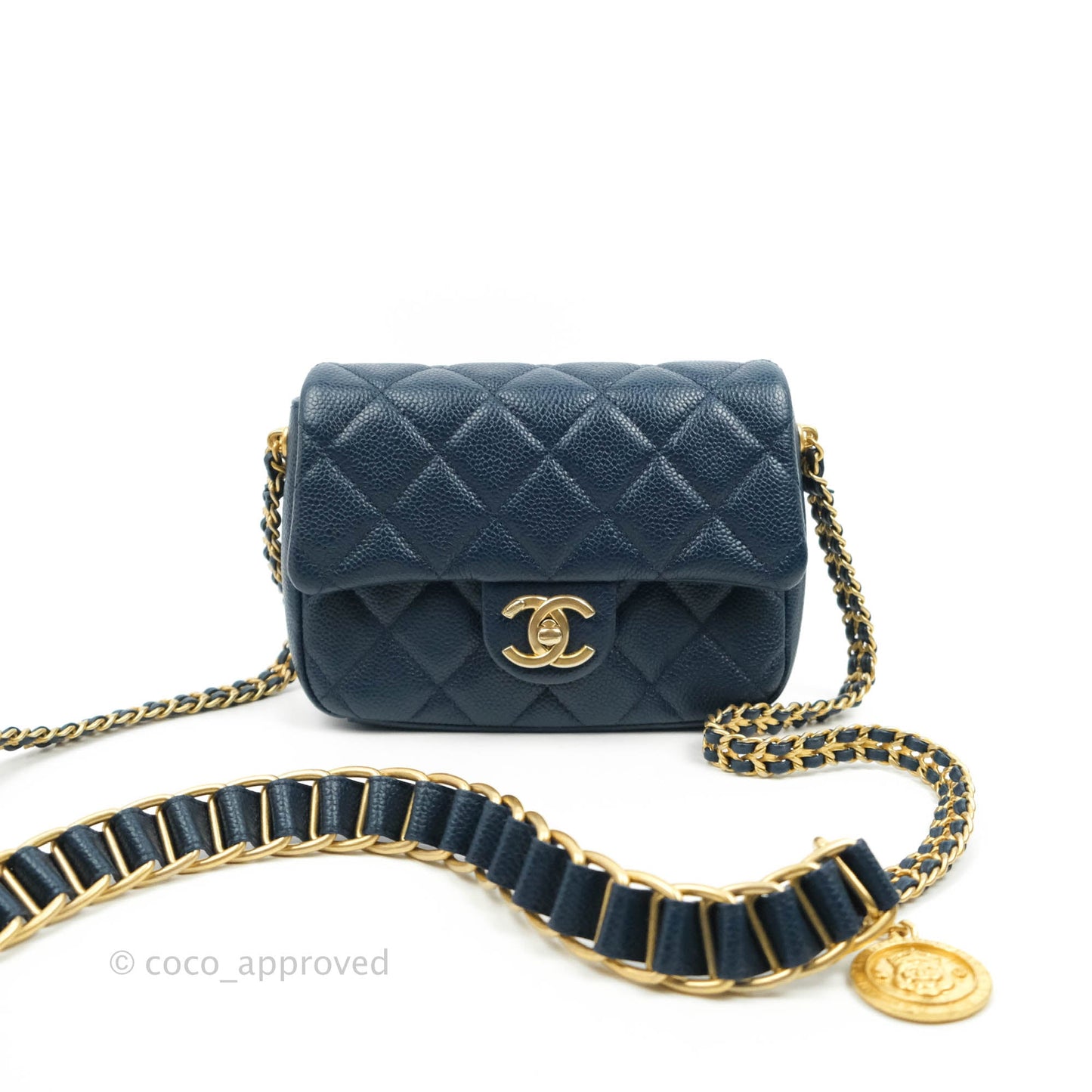 Chanel Mini Flap Bag Coin Charm Soul Chain Navy Caviar Aged Gold Hardware 21A
