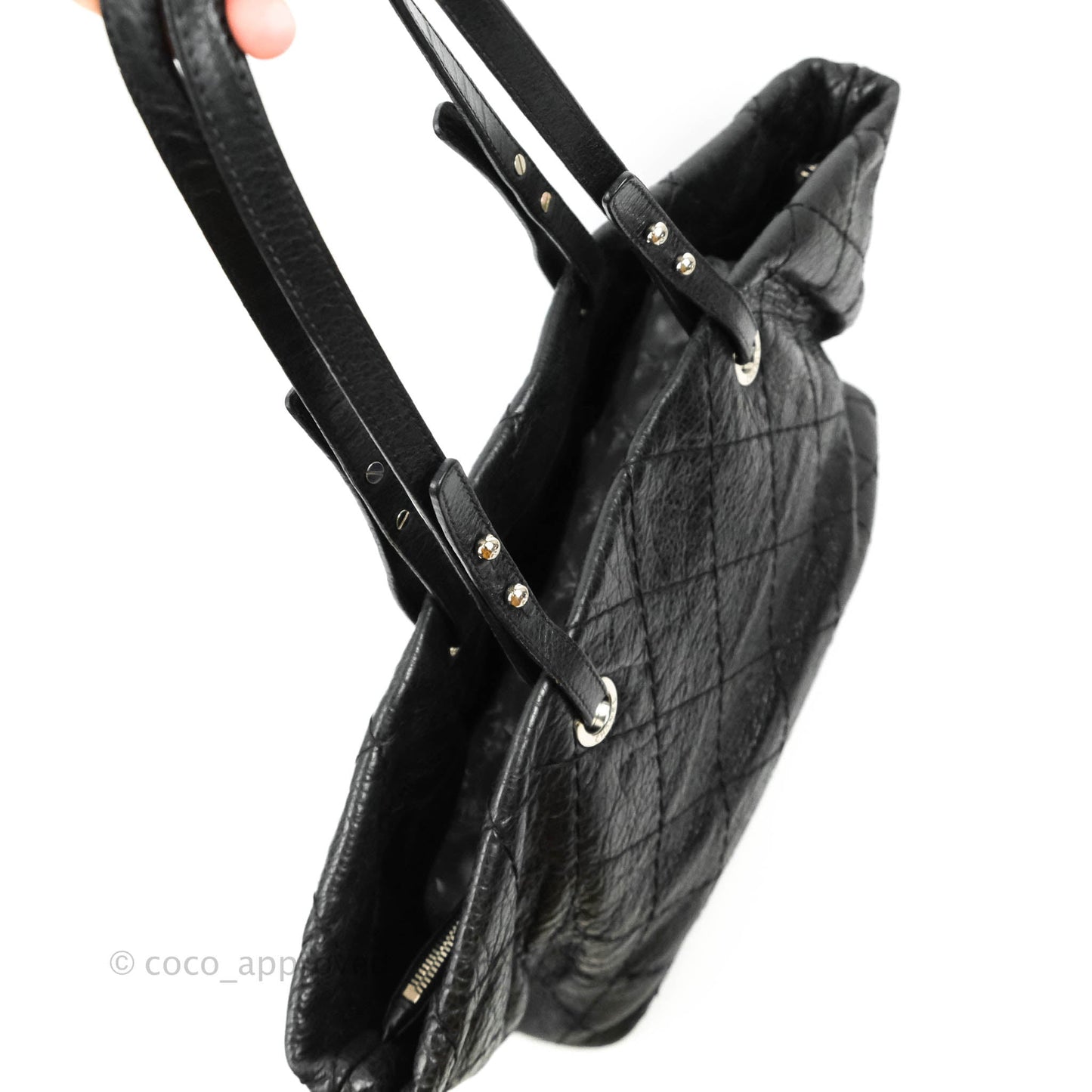 Chanel CC Flat Quilted Crumpled Calfskin Tote Bag Black Silver Hardware