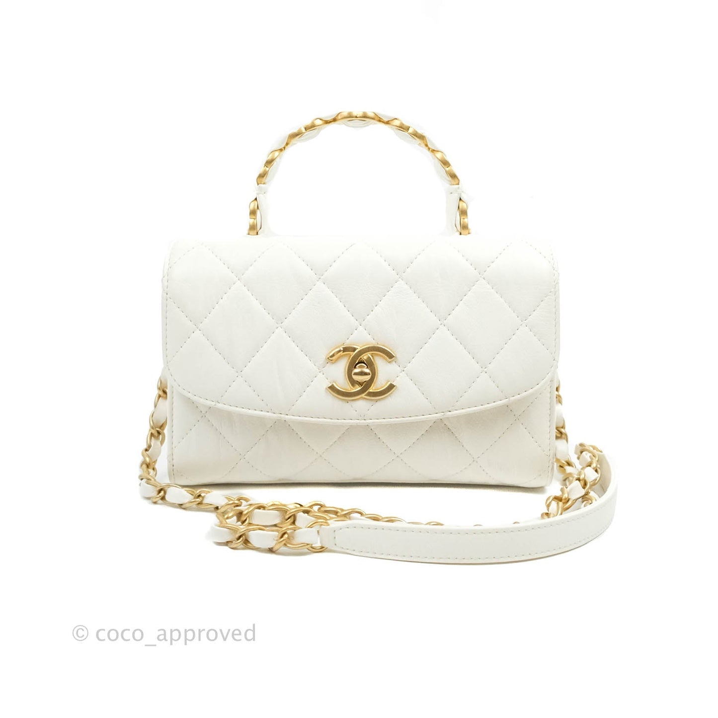 Chanel Quilted CC Top Handle Flap White Calfskin Aged Gold Hardware