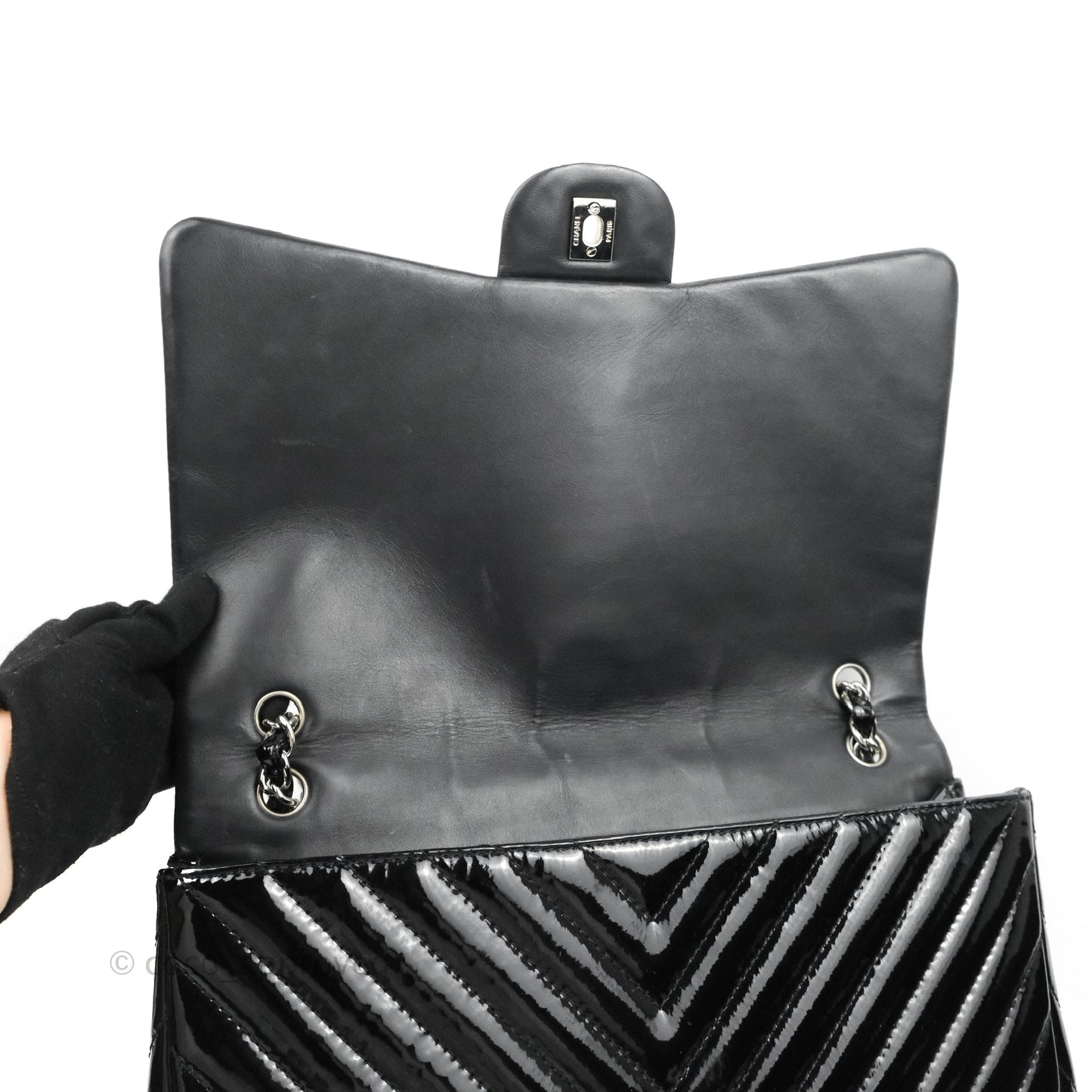 Chanel Single Flap Maxi Chevron Black Patent Silver Hardware