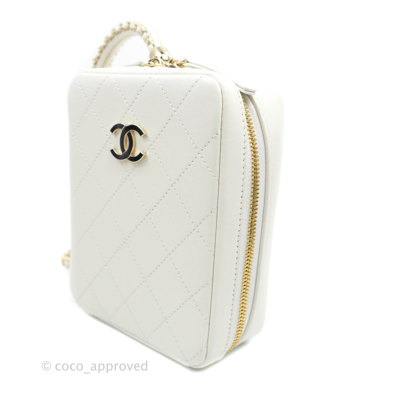 Chanel Circular Handle Zip Around Vanity Case White Calfskin Gold Hardware 20S