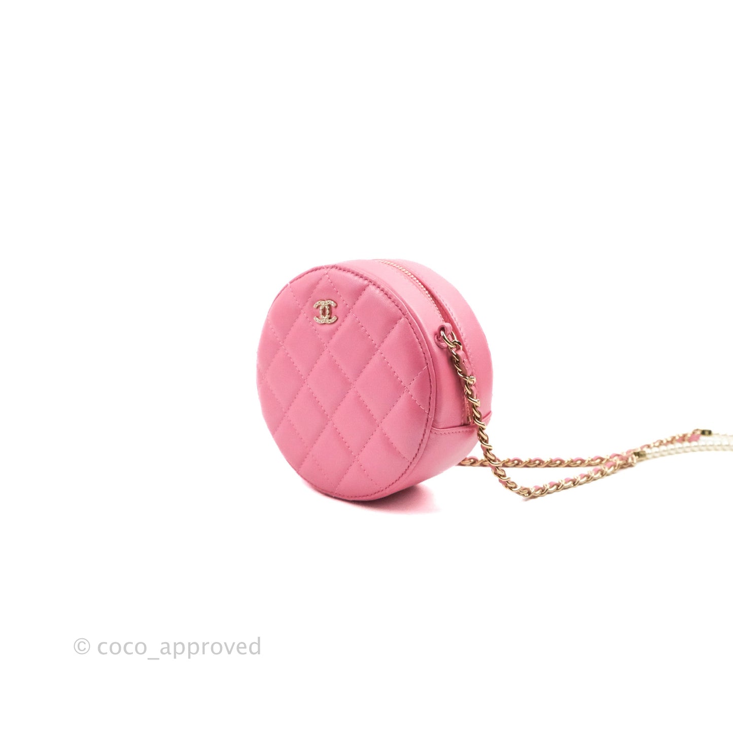 Chanel Quilted Round Clutch With Pearl Chain Iridescent Pink Lambskin Gold Hardware